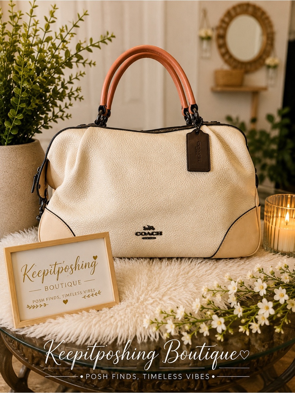 Coach Cream Pebbled Leather Satchel with Coral Handles